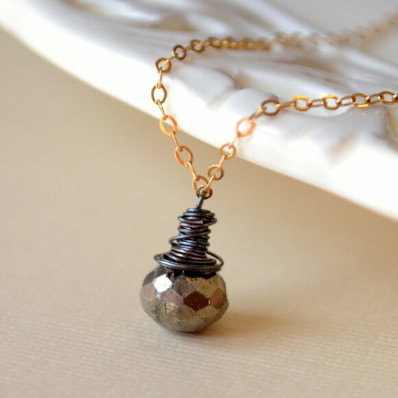 Pyrite Gemstone Necklace with Oxidized Silver and Gold Chain - Picture 7 of 11